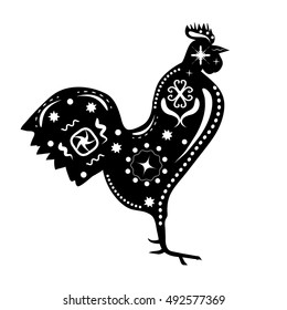 Silhouette of a rooster in the traditional patterns of ancient Aboriginal, in the style of the Chinese calendar and the year 2017 symbol. It is also an illustration  ornaments suitable for printing.