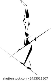 Silhouette of ropewalker on rope. Circus artists drawn in abstract style