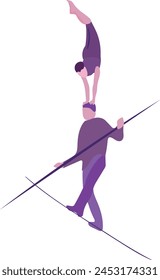 Silhouette of ropewalker on rope. Circus artists on a white background