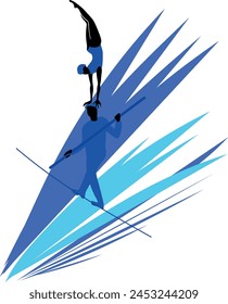 Silhouette of ropewalker on rope. Circus artists on a blue background