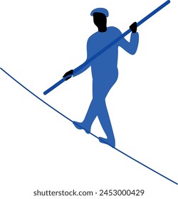 Silhouette of ropewalker on rope on a white background.
