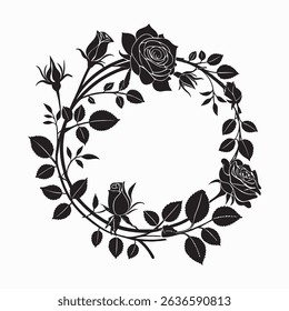 Silhouette Rose - Black and white rose wreath with leaves and buds