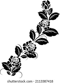 Silhouette rose branch with opened flowers and buds, hand drawn vector
