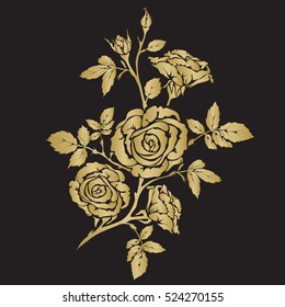 Silhouette rose branch with opened flowers and buds, hand drawn vector, gold color on black background