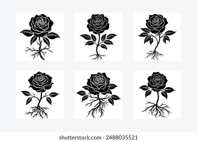 Silhouette Rose flower root vector art illustration