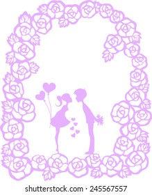 silhouette rose frame for love valentine's day card with boy and girl loved.