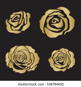 Silhouette rose opened flowers, hand drawn vector, gold color on black background