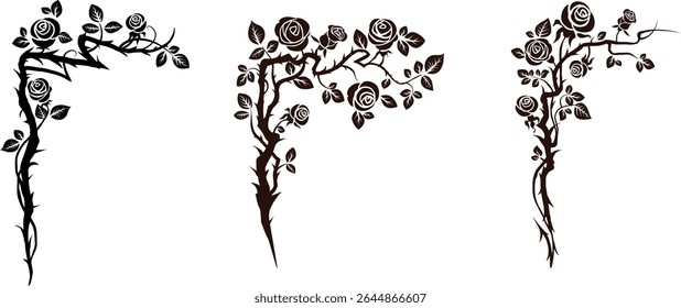 Silhouette of a rose ornament. Black corners set with flowers and thorns. For book covers, invitations, greetings, tattoo and posters. Medieval, gothic, victorian style or castlecore