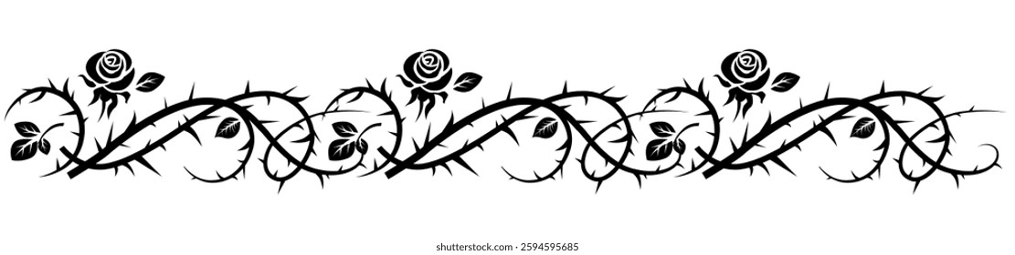 Silhouette of a rose ornament. An elegant border with flowers and thorns. For book covers, invitations, greetings, and posters. Medieval, gothic, victorian style or castlecore