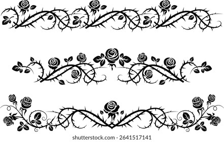 Silhouette of a rose ornament. An elegant borders with flowers and thorns. For book covers, invitations, greetings, and posters. Medieval, gothic, victorian style or castlecore