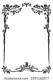 Silhouette of a rose ornament. An elegant frame with flowers and thorns. For book covers, invitations, greetings, and posters. Medieval, Gothic style or castlecore