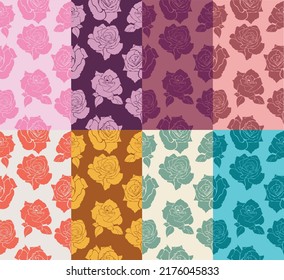 Silhouette rose seamless pattern.Set of vector vintage blooming flower background.