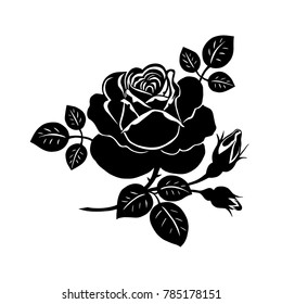 Silhouette of a rose. Vector composition of a large rose flower, twigs and buds.