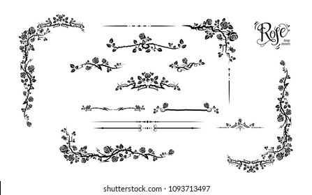 Silhouette of roses frame for holiday decorations, wedding, anniversary, party, birthday. For invitation, ticket, leaflet, banner, poster and tattoo. Fairy floral flourish design elements