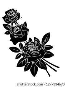 Silhouette roses and leaves. Flowers tattoo vector illustration
