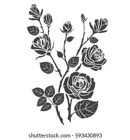 Silhueta rosas e folhas. Flores ilustração vetorial tatuagem.