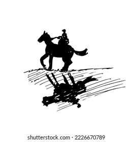 Silhouette rough drawing of person riding horse vector illustration. Person riding horse with shadow abstract hand drawn vector