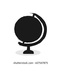 Silhouette of a round desktop globe drawn by hand with a rough brush. Black icon isolated on white background. Sketch, grunge, graffiti.  Vector illustration.