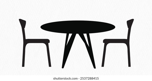 Silhouette of a round dining table with two modern chairs, perfect for interior design and contemporary furniture themes