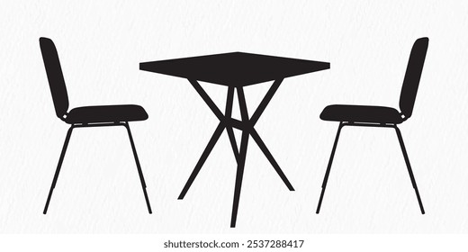 Silhouette of a round dining table with two modern chairs, perfect for interior design and contemporary furniture themes