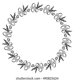 Silhouette round frame. Abstract black and white ornament with decorative flowers. Copy space. Vector clip art.