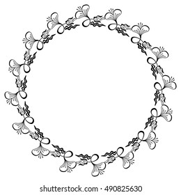 Silhouette round frame. Abstract black and white ornament with decorative flowers. Copy space. Vector clip art.