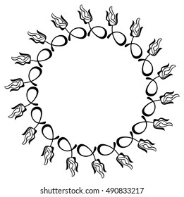 Silhouette round frame. Abstract black and white ornament with decorative flowers. Copy space. Vector clip art.