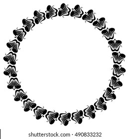 Silhouette round frame. Abstract black and white ornament with decorative flowers. Copy space. Vector clip art.