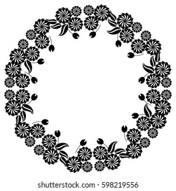 Silhouette round frame. Abstract black and white ornament with decorative flowers. Copy space. Vector clip art.