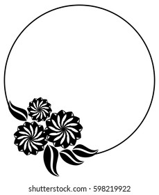 Silhouette round frame. Abstract black and white ornament with decorative flowers. Copy space. Vector clip art.