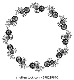 Silhouette round frame. Abstract black and white ornament with decorative flowers. Copy space. Vector clip art.