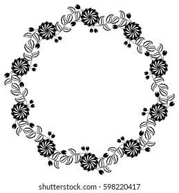 Silhouette round frame. Abstract black and white ornament with decorative flowers. Copy space. Vector clip art.