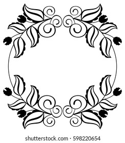 Silhouette round frame. Abstract black and white ornament with decorative flowers. Copy space. Vector clip art.