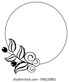 Silhouette round frame. Abstract black and white ornament with decorative flowers. Copy space. Vector clip art.