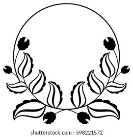 Silhouette round frame. Abstract black and white ornament with decorative flowers. Copy space. Vector clip art.