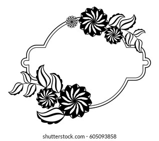 Silhouette round frame. Abstract black and white ornament with decorative flowers. Copy space. Vector clip art.
