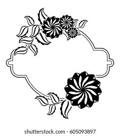 Silhouette round frame. Abstract black and white ornament with decorative flowers. Copy space. Vector clip art.