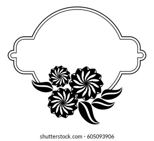 Silhouette round frame. Abstract black and white ornament with decorative flowers. Copy space. Vector clip art.