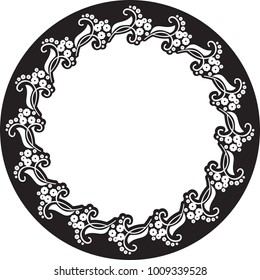 Silhouette round frame with abstract flowers. Vector clip art.