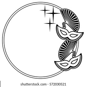 Silhouette round frame with carnival masks. Copy space. Vector clip art.
