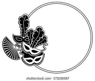 Silhouette round frame with carnival masks. Copy space. Vector clip art.