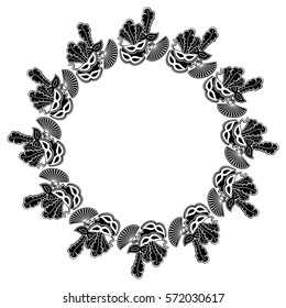 Silhouette round frame with carnival masks. Copy space. Vector clip art.