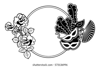 Silhouette round frame with carnival masks. Copy space. Vector clip art.