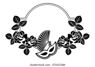 Silhouette round frame with carnival masks. Copy space. Vector clip art.