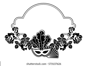 Silhouette round frame with carnival masks. Copy space. Vector clip art.