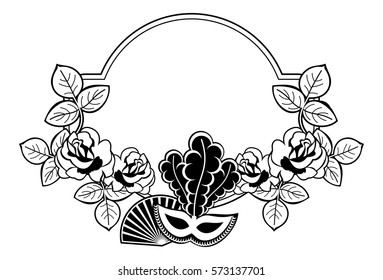 Silhouette round frame with carnival masks. Copy space. Vector clip art.