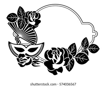 Silhouette round frame with carnival masks and roses. Copy space. Vector clip art.