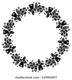 Silhouette  round frame with Christmas bell, holly berry and pine cones. Copy space. Vector clip art.