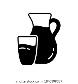 Silhouette Round jug and glass with drink. Outline icon of milk, cream, juice, water. Black simple illustration of farm dairy products. Flat isolated vector pictogram on white background