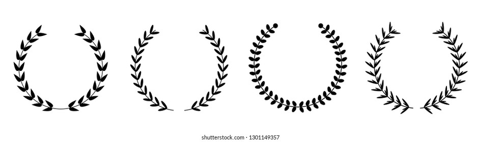 Silhouette round laurel foliate wheat wreaths line set. Award concept. Flat design. White background. Isolated. Vector illustration
